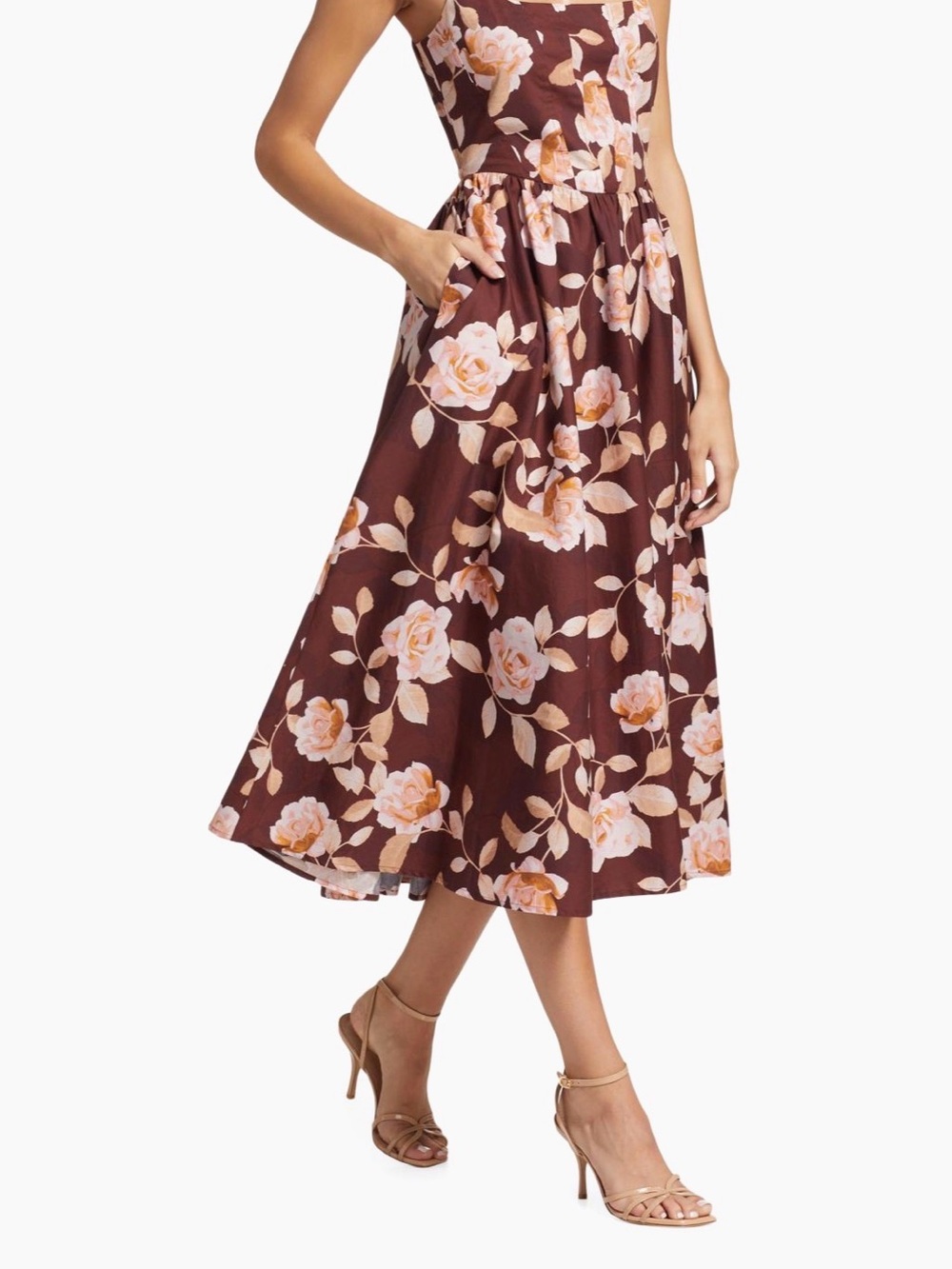 Wayf Espresso Roses Floral Print Midi Dress